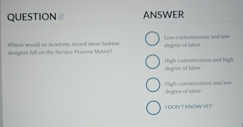  QUESTION (1) ANSWER Where would an Academy Award show fashion designer