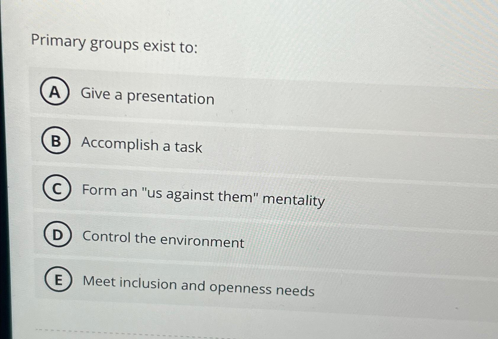  Primary groups exist to: Give a presentation Accomplish a task Form