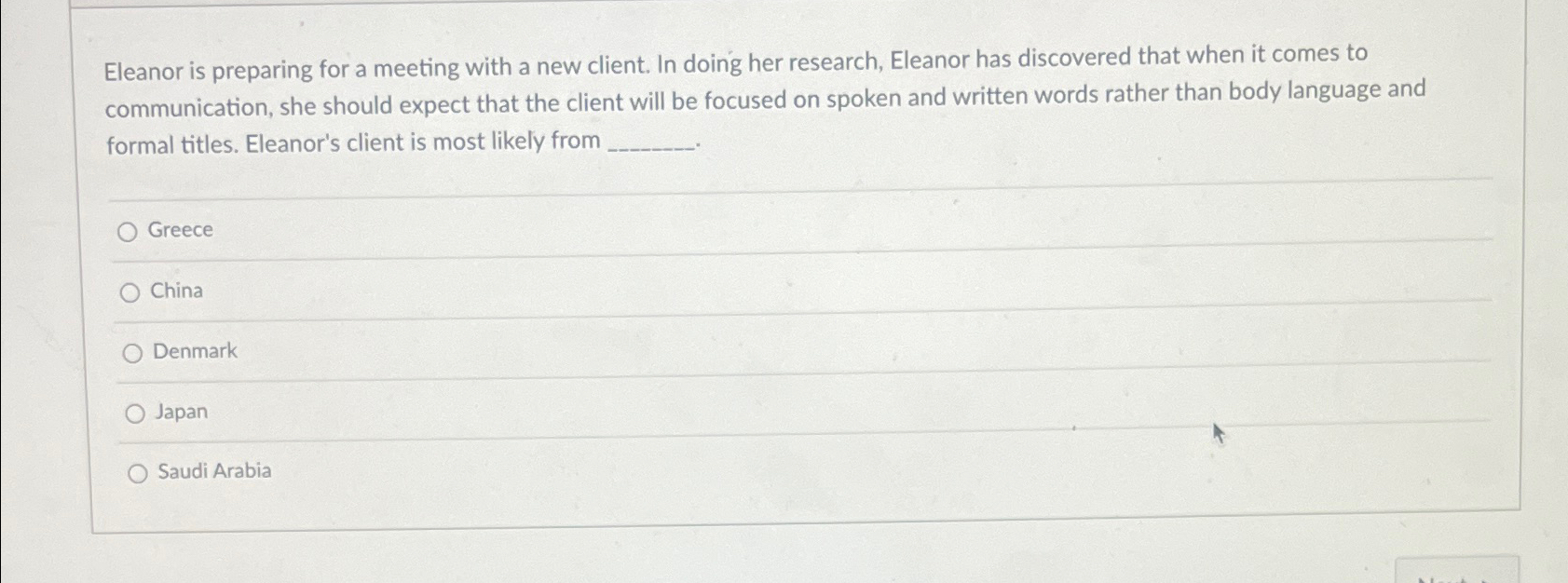  Eleanor is preparing for a meeting with a new client. In