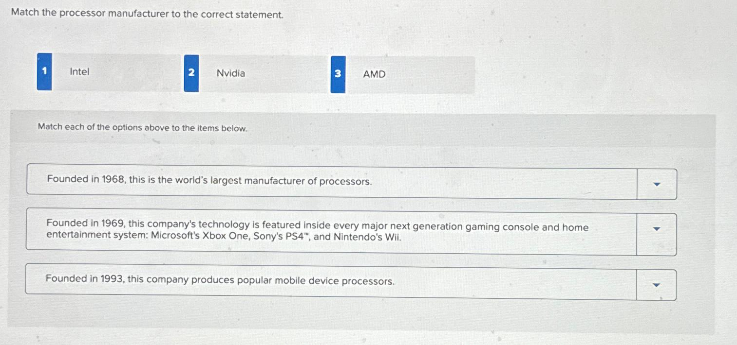  Match the processor manufacturer to the correct statement. 1 Intel 2