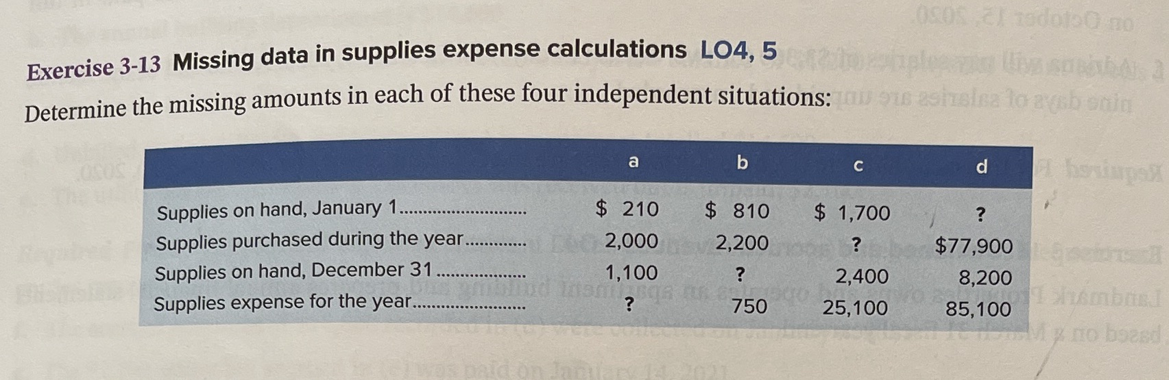 Thank you Exercise 3-13 Missing data in supplies expense calculations LO4, 5
