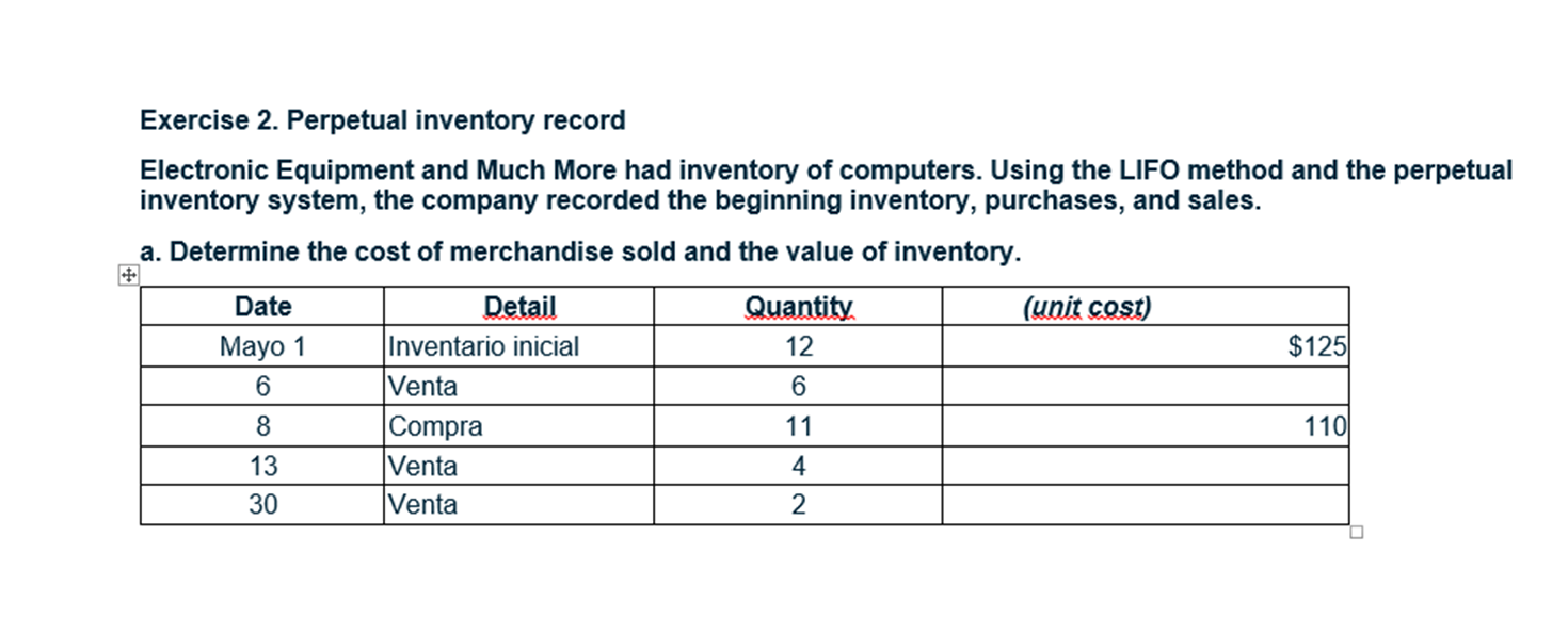  Exercise 2. Perpetual inventory record Electronic Equipment and Much More had