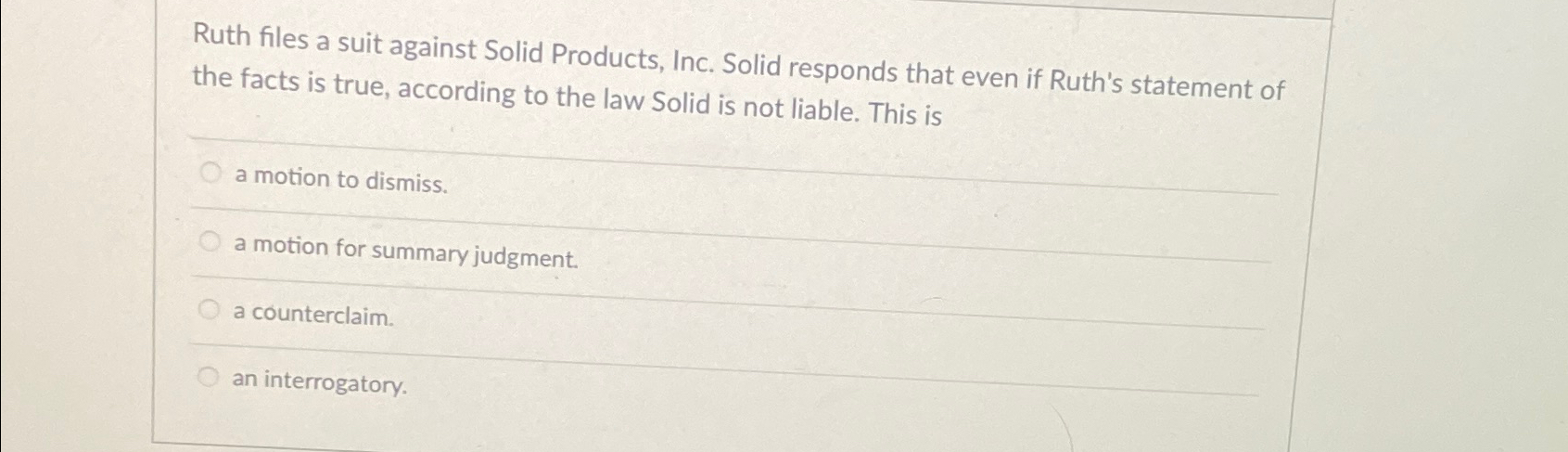  Ruth files a suit against Solid Products, Inc. Solid responds that