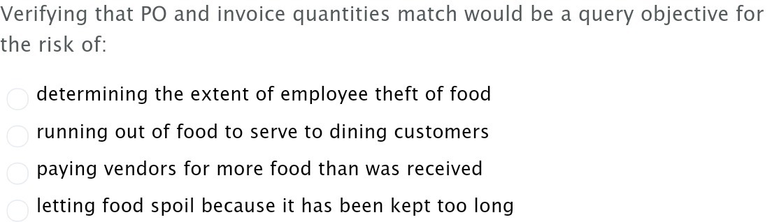Verifying that PO and invoice quantities match would be a query