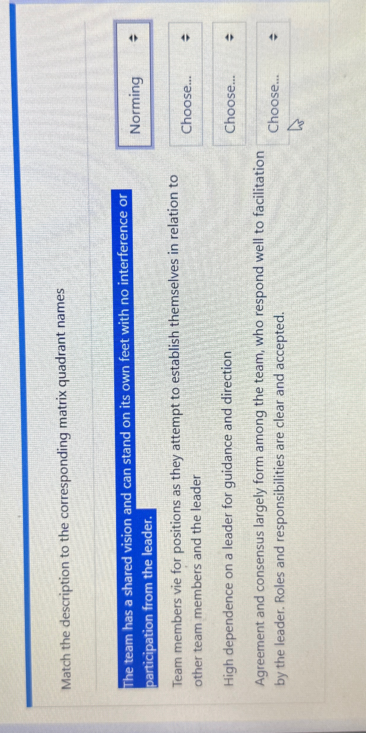  Match the description to the corresponding matrix quadrant names The team