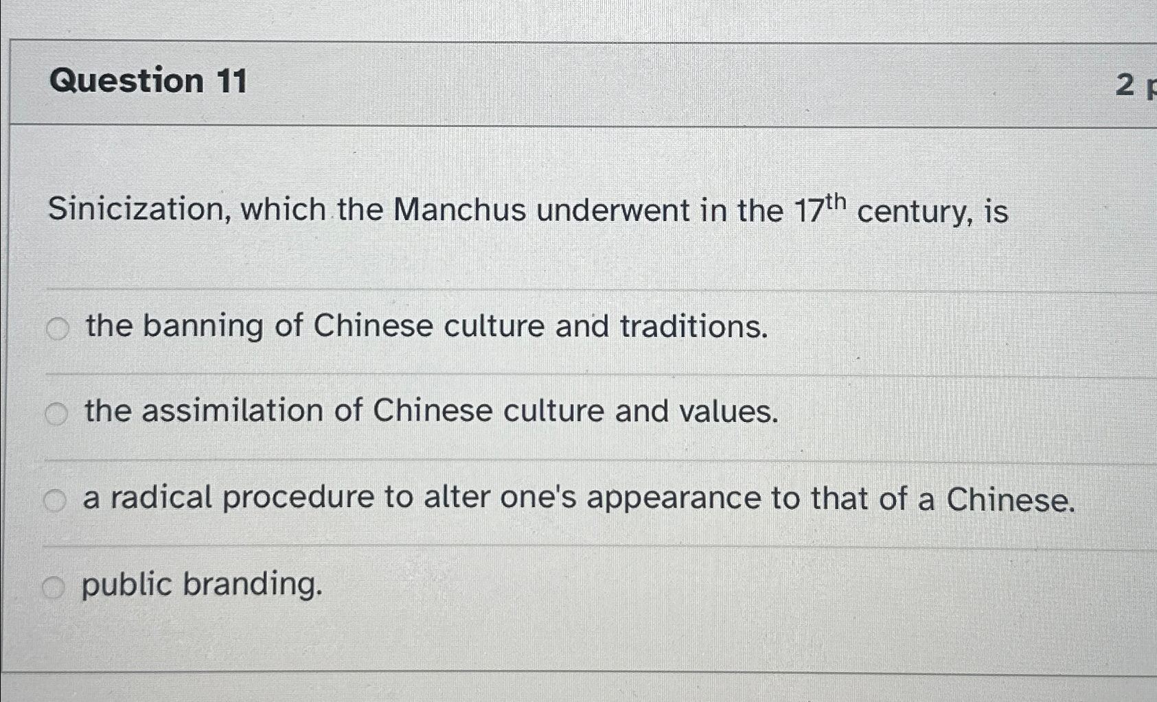  Question 11 Sinicization, which the Manchus underwent in the 17th century,