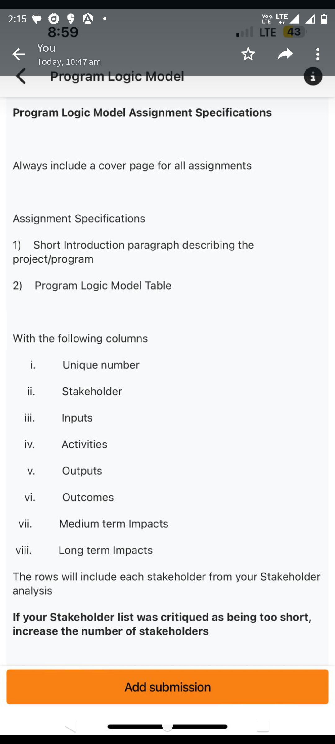  Program Logic Model Assignment Specifications Always include a cover page for