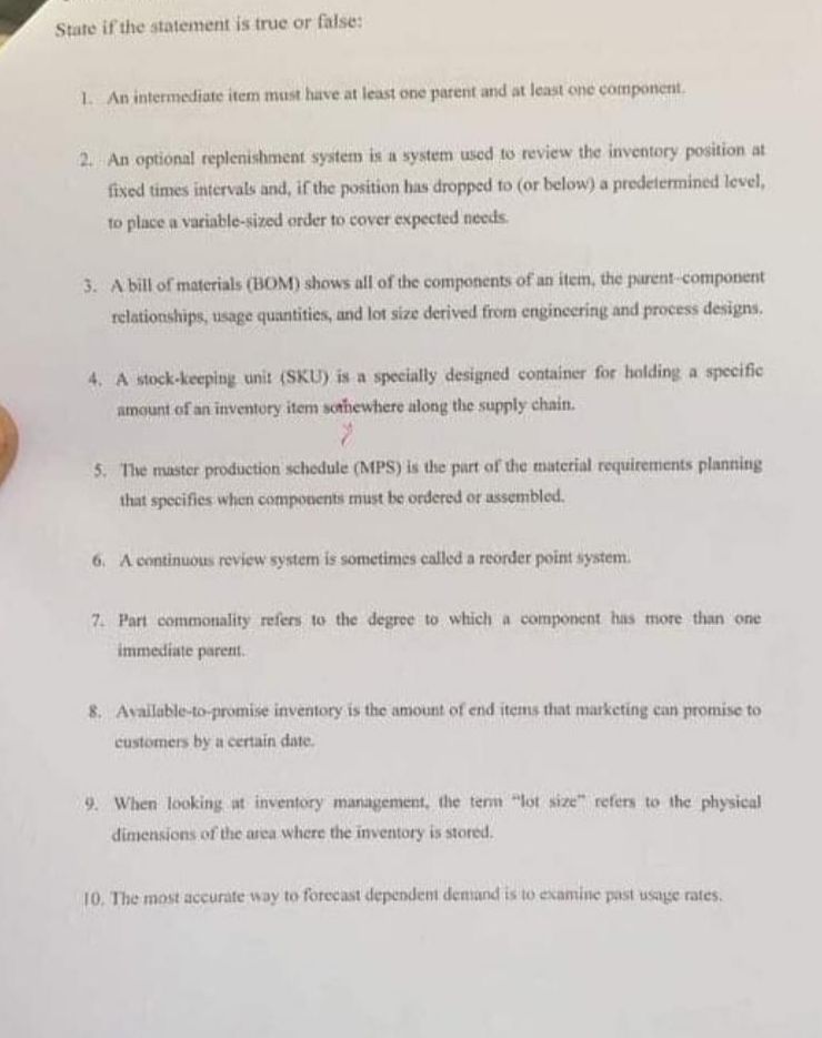  Stare if the statement is true or false: An intermefiate item