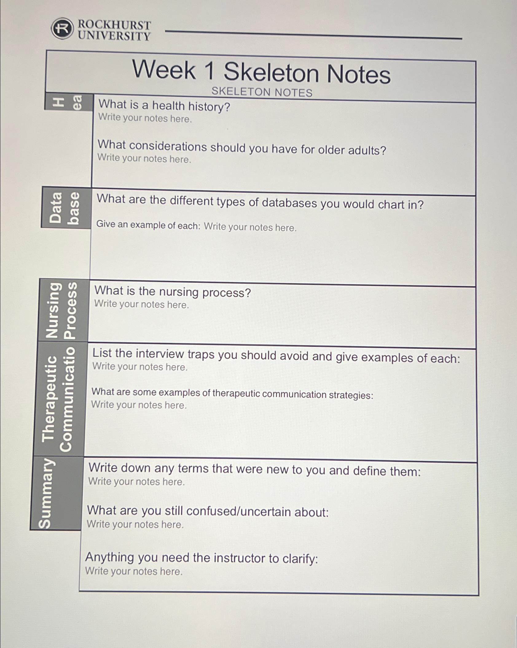  ROCKHURST UNIVERSITY Week 1 Skeleton Notes SKELETON NOTES What is a