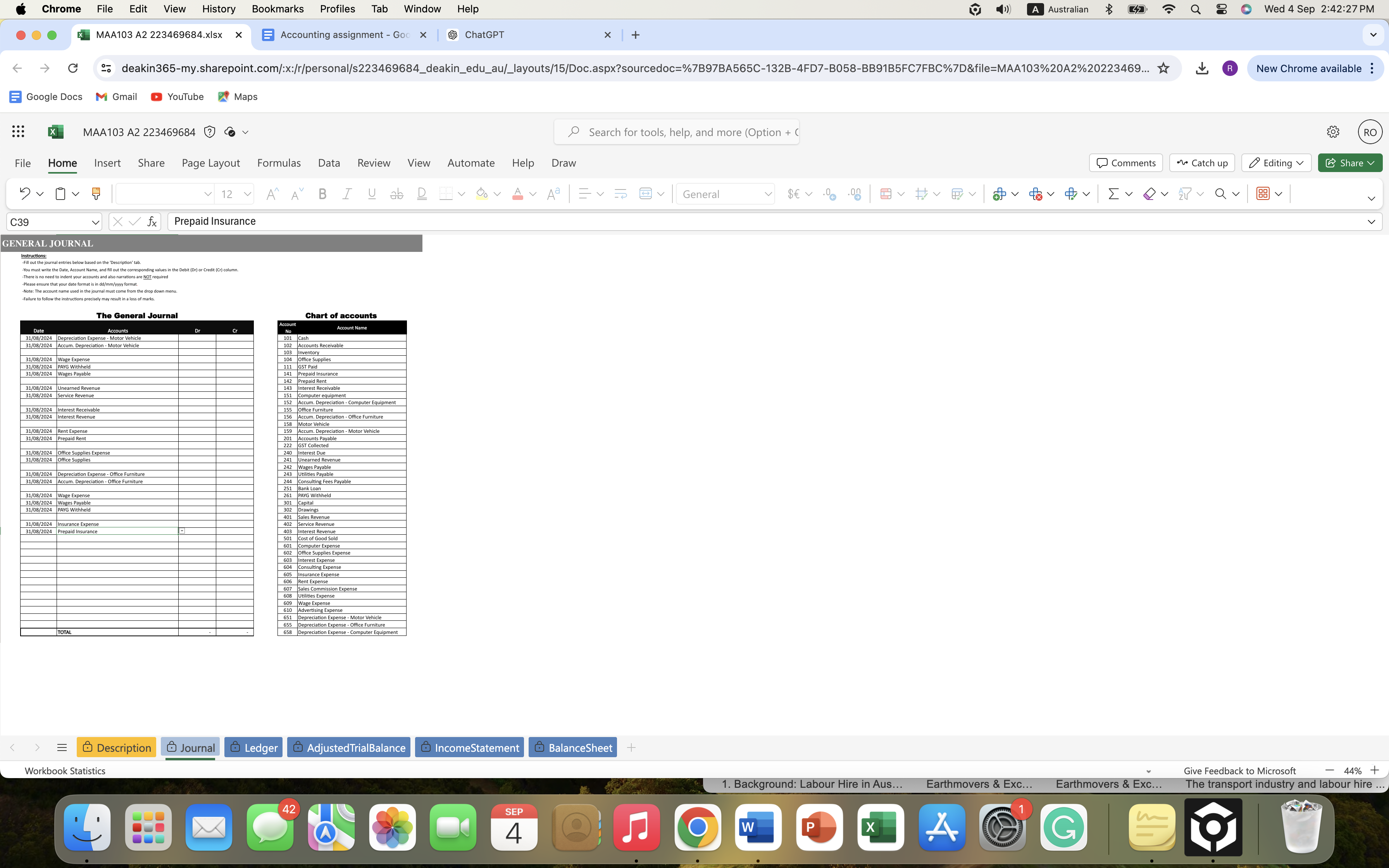 MAA103 A2 223469684.xIsx x E Accounting assignment - Goo x ChatGPT *