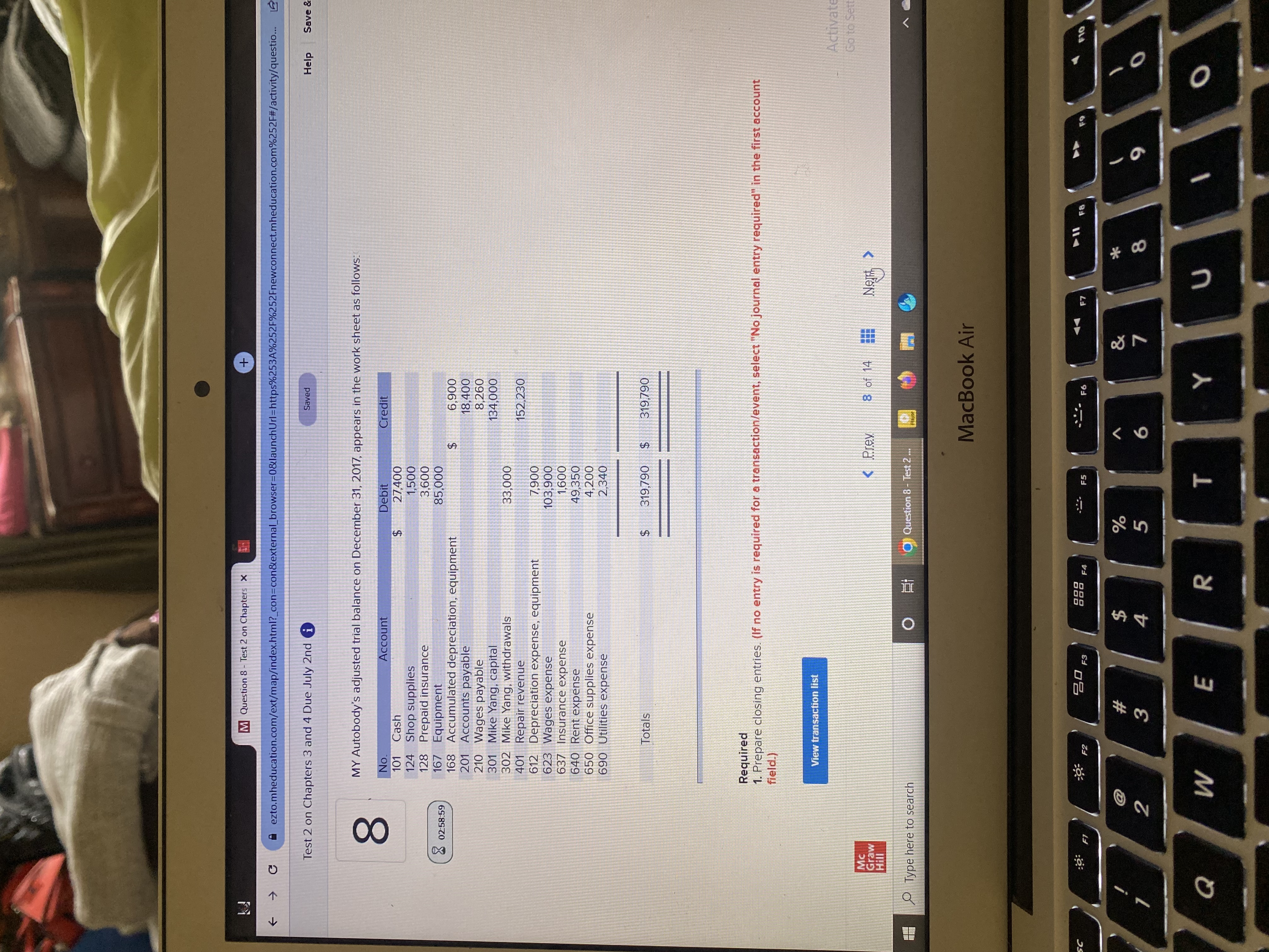  M Question 8 - Test 2 on Chapters x + ezto.mheducation.com/ext/map/index.html?_con=con&external_browser=0&launchUrl=https%253A%252F%252Fnewconnect.mheducation.com%252F#/activity/question..