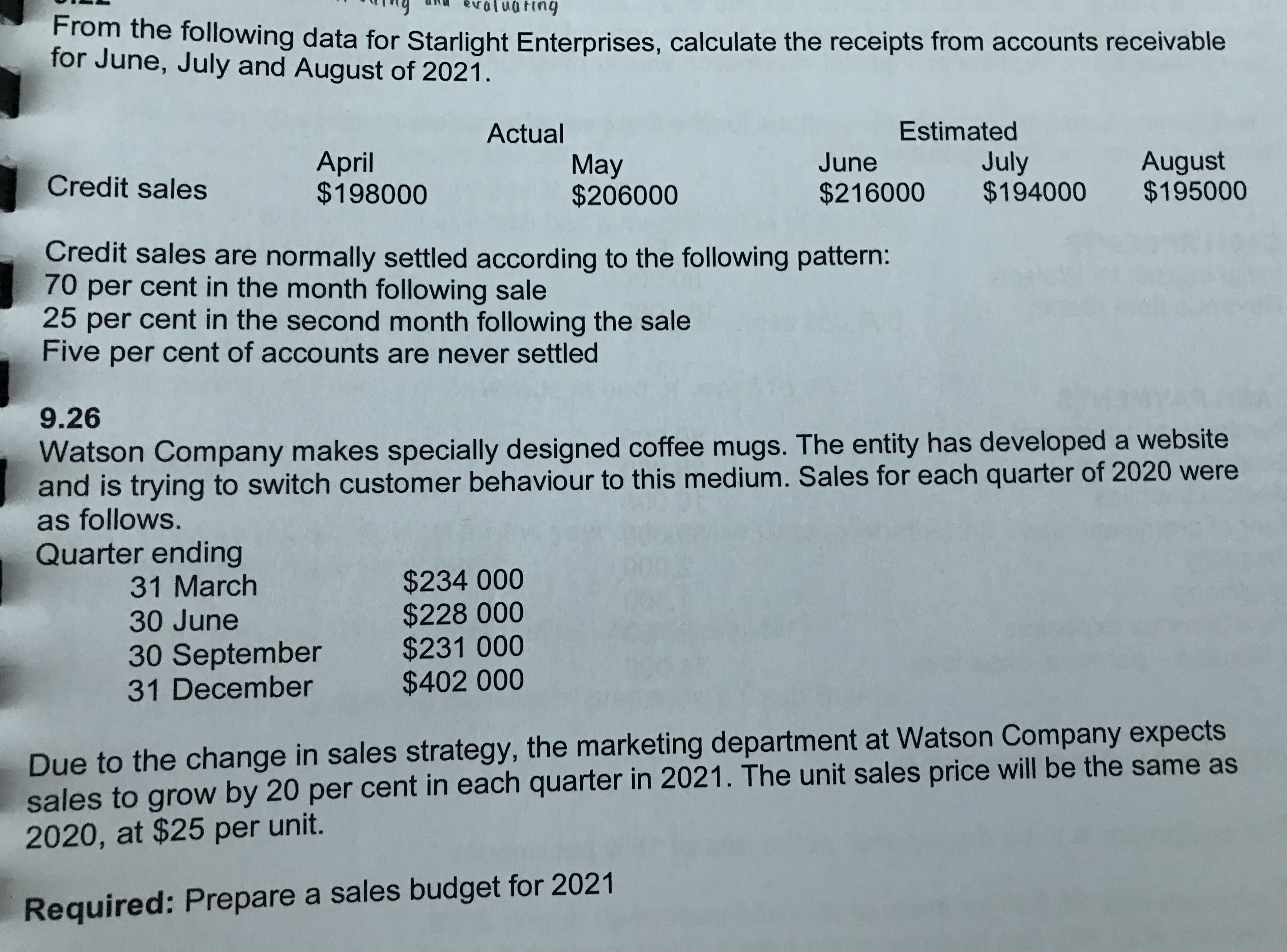Questions - aluating From the following data for Starlight Enterprises, calculate the