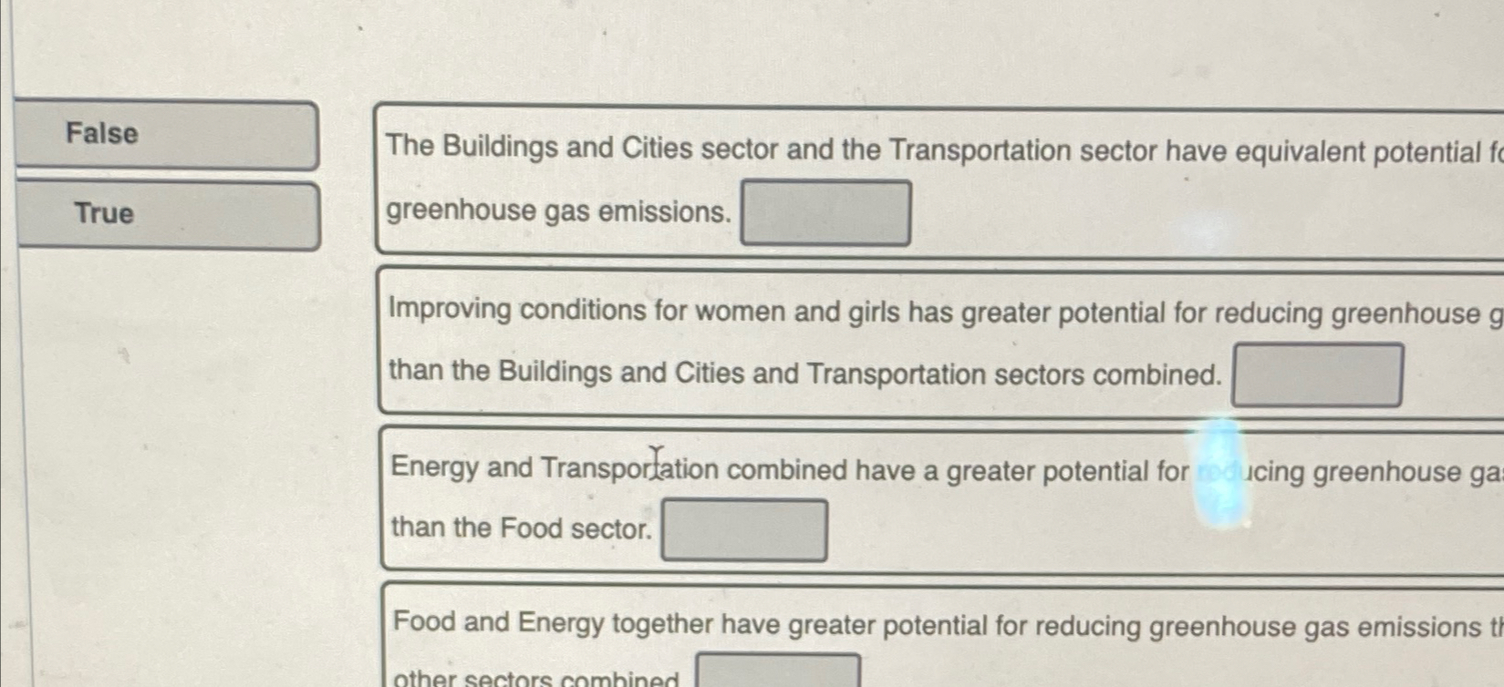  \table[[False],[True]] The Buildings and Cities sector and the Transportation sector have