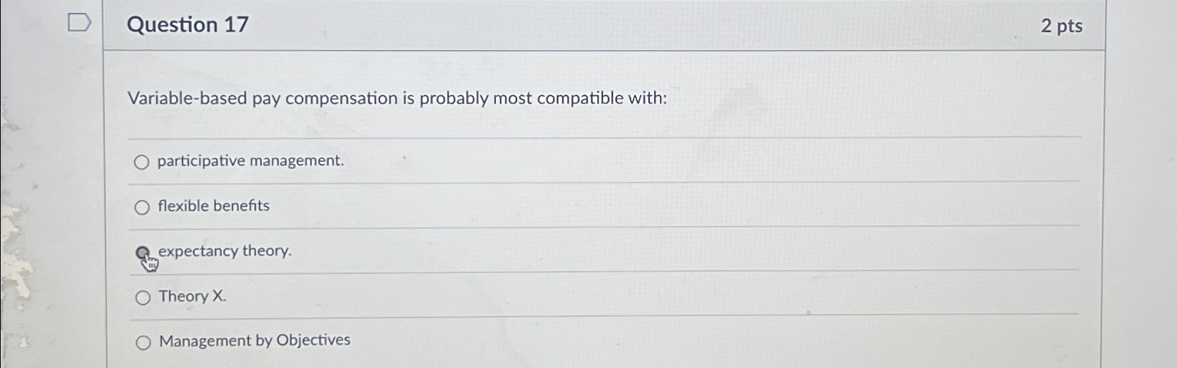  Question 17 2 pts Variable-based pay compensation is probably most compatible