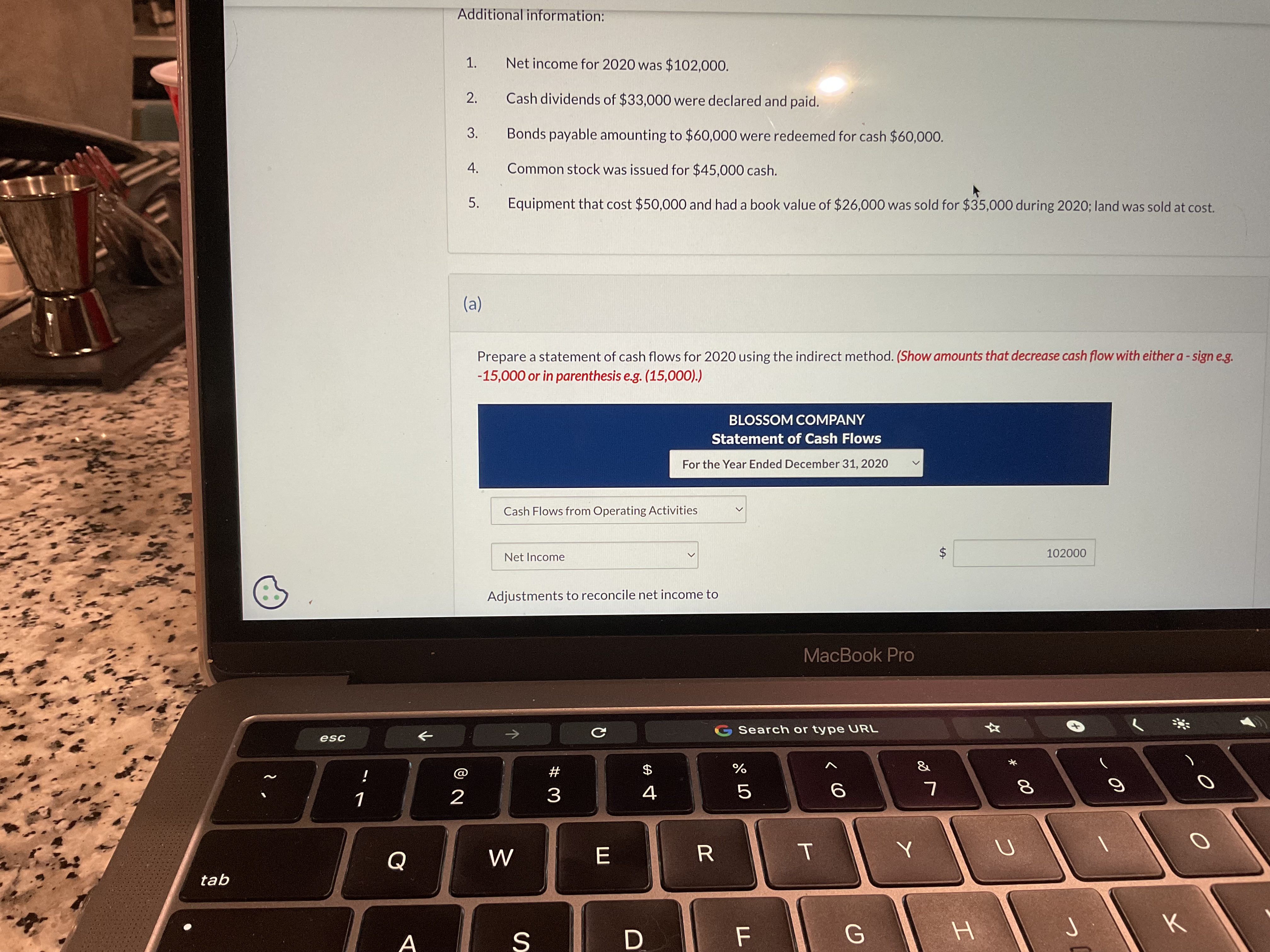 Prepare a statement of cash flows-indirect method. BLOSSOM COMPANY Comparative Balance Sheets