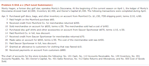 Help with trial balance Problem 5-04A a-c (Part Level Submission) Monty Hagen,