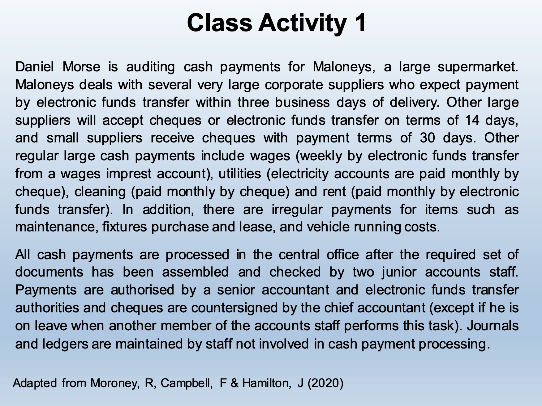  Class Activity 1 Daniel Morse is auditing cash payments for Maloneys,