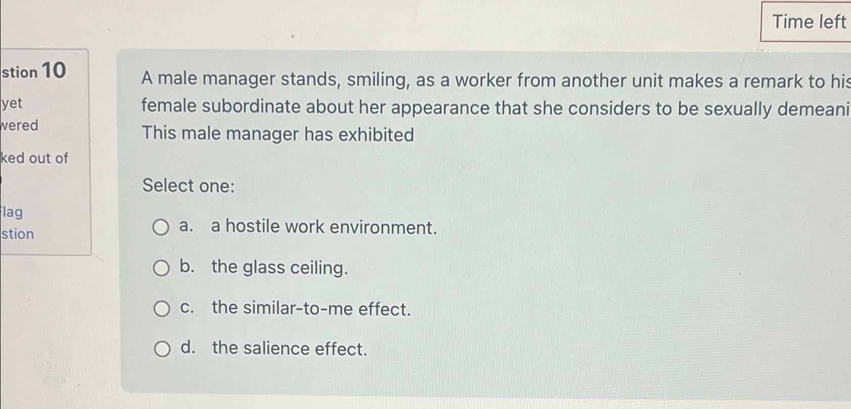  Time left A male manager stands, smiling, as a worker from