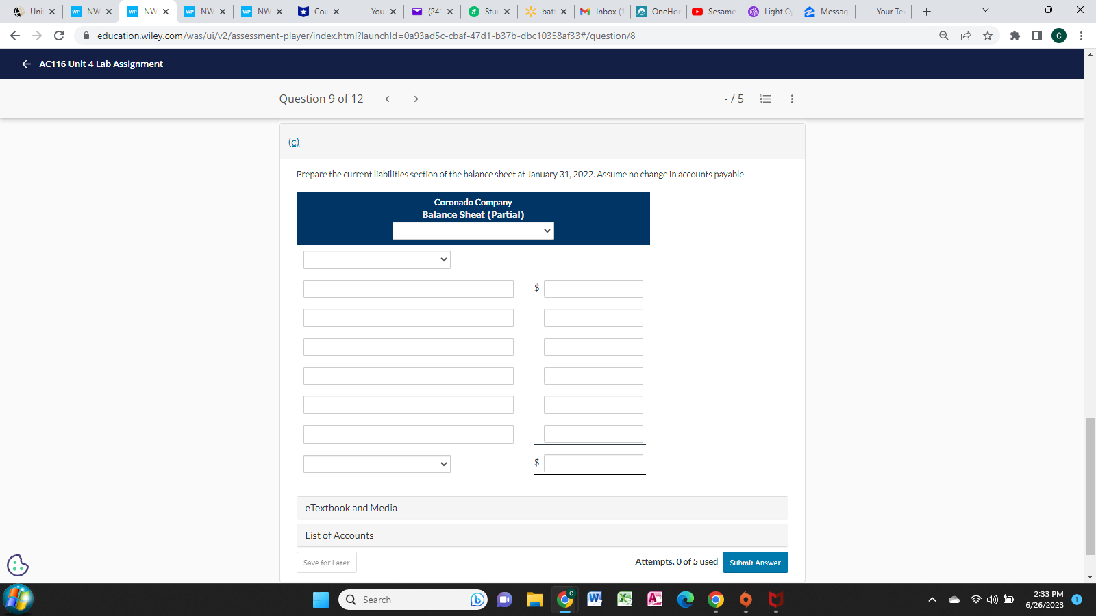 + X - > C A education.wiley.com/was/ui/v2/assessment-player/index.html?launchld=ba90031e-747e-4015-9ab6-c3efe55fea93#/question/0 Q * I C .
