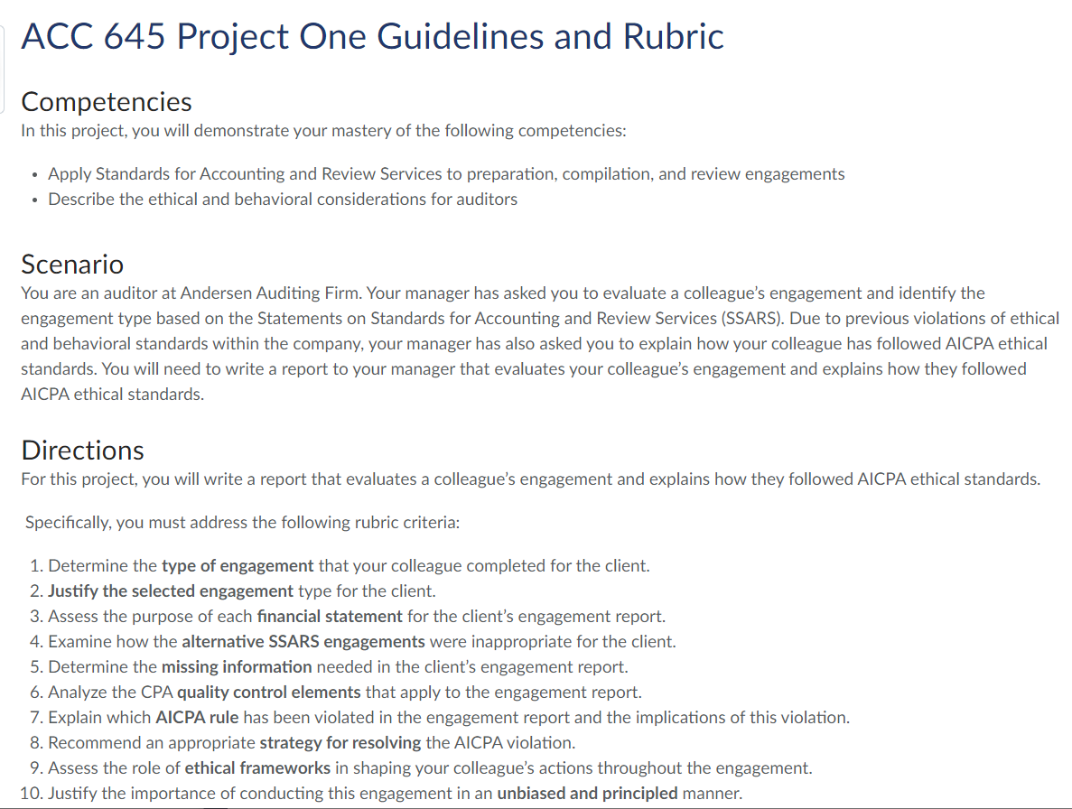 ACC 645 Project One Guidelines and Rubric Competencies In this project,