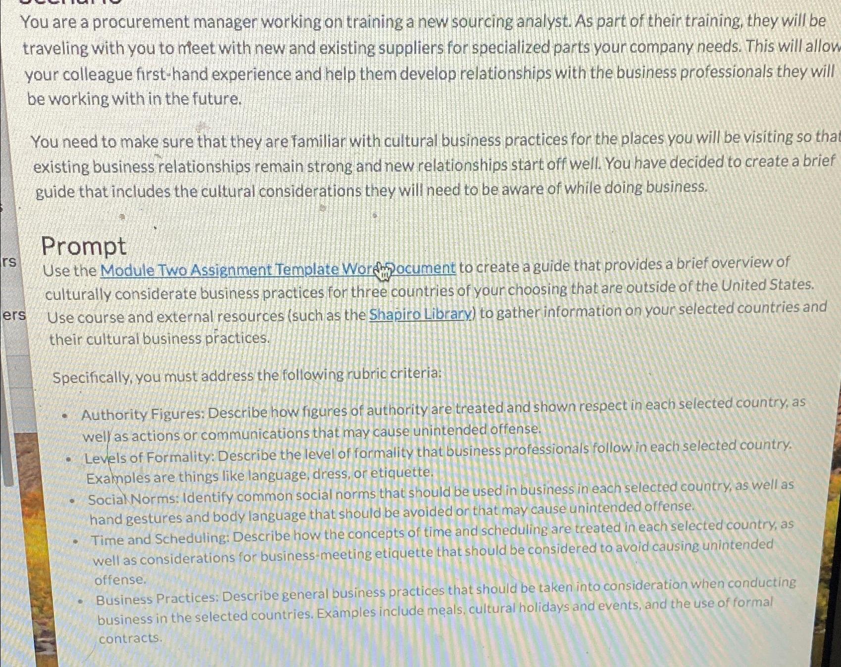  You are a procurement manager working on training a new sourcing