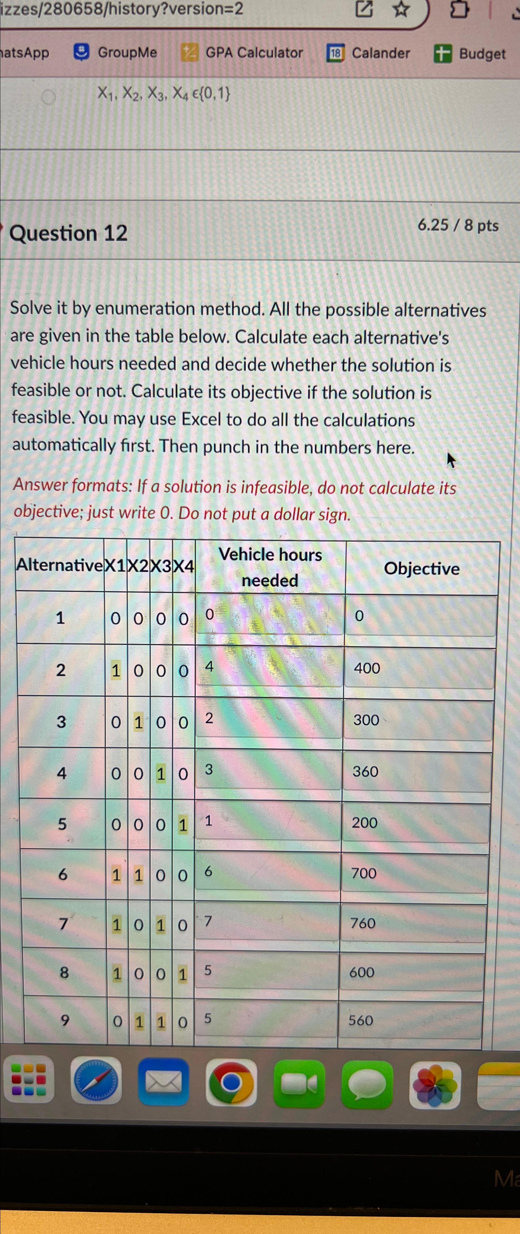  izzes/280658/history?version=2 GroupMe GPA Calculator Calander Budget x1,x2,x3,x4in{0,1} Question 12 6.258 pts