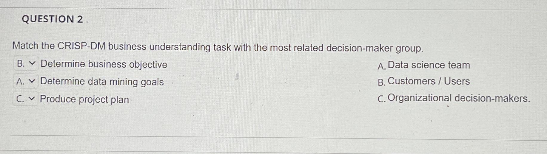  QUESTION 2 Match the CRISP-DM business understanding task with the most