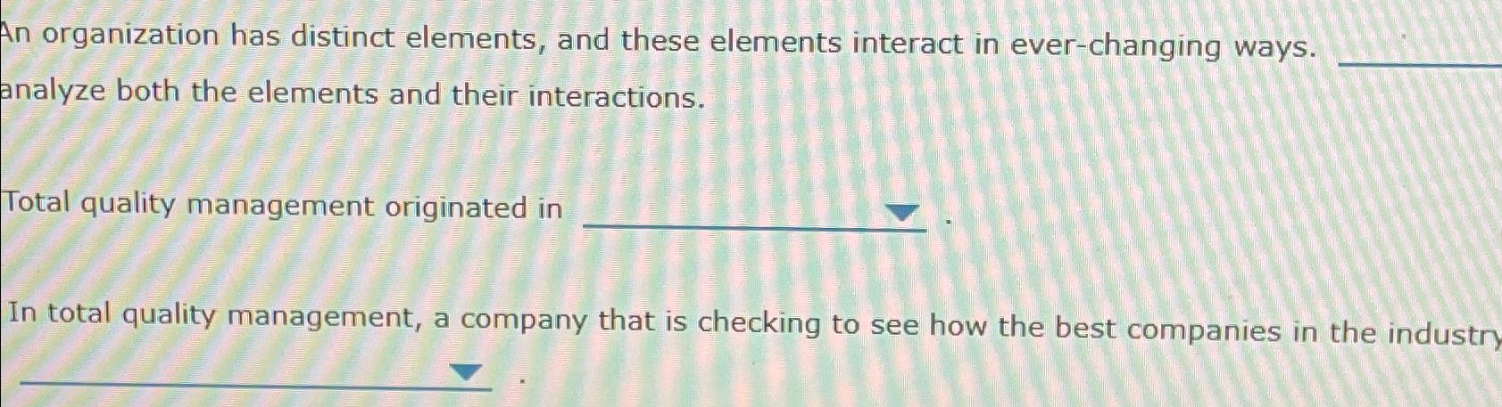  An organization has distinct elements, and these elements interact in ever-changing