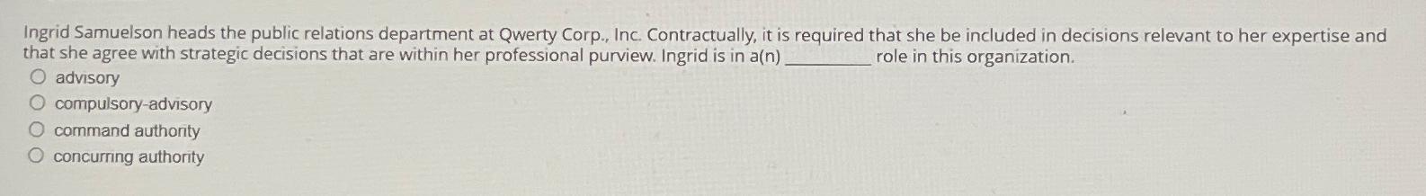  Ingrid Samuelson heads the public relations department at Qwerty Corp., Inc.