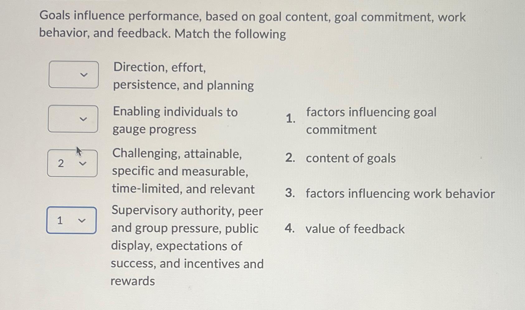 Goals influence performance, based on goal content, goal commitment, work behavior,