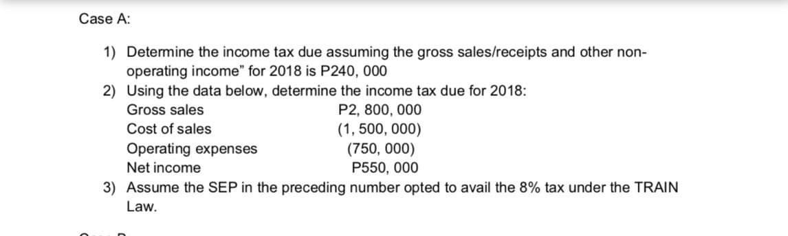 TAXATION ACCOUNTINGPlease answer with complete solution. Case A: 1) Determine the income