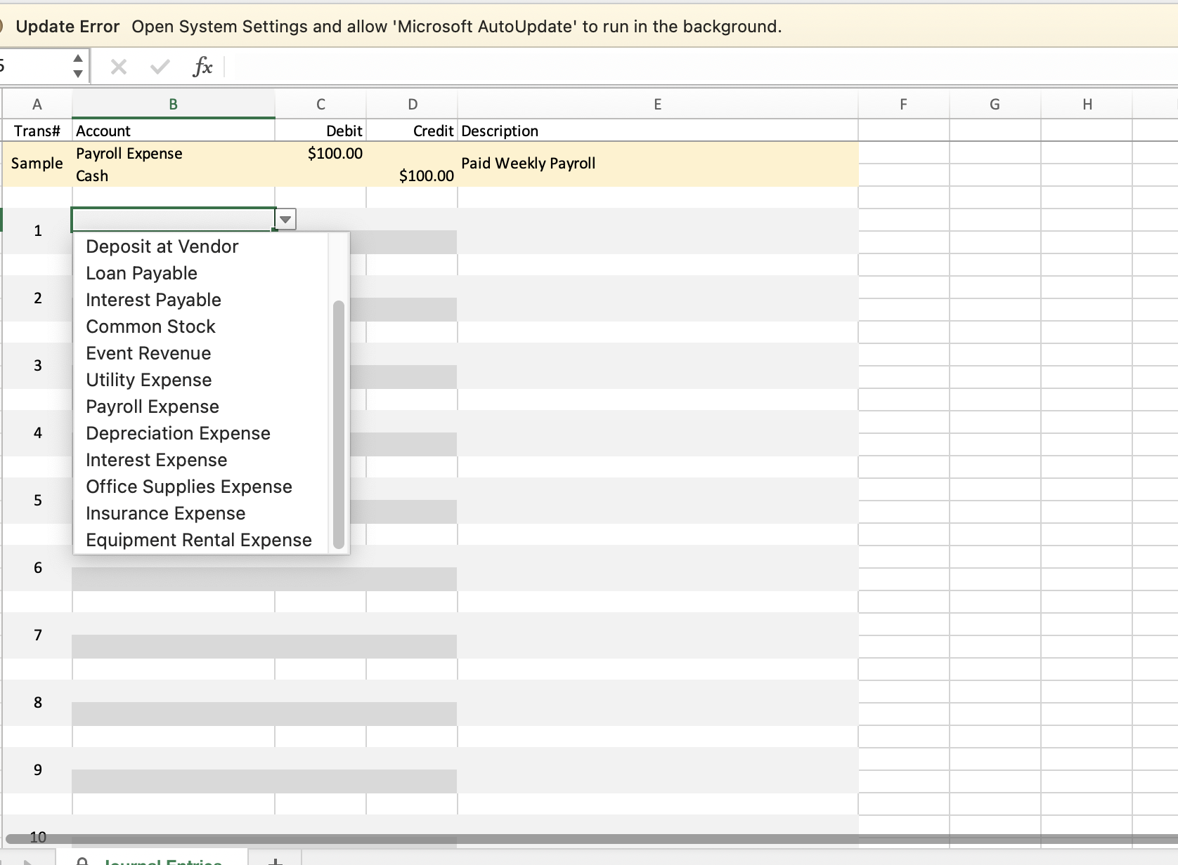 credited. Here are the transactions. There needs to be two accounts per
