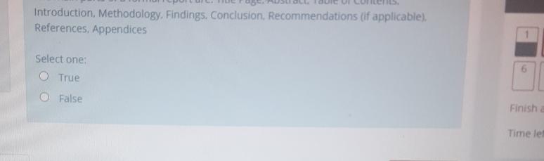  Introduction, Methodology. Findings. Conclusion, Recommendations (if applicable). References, Appendices Select one: