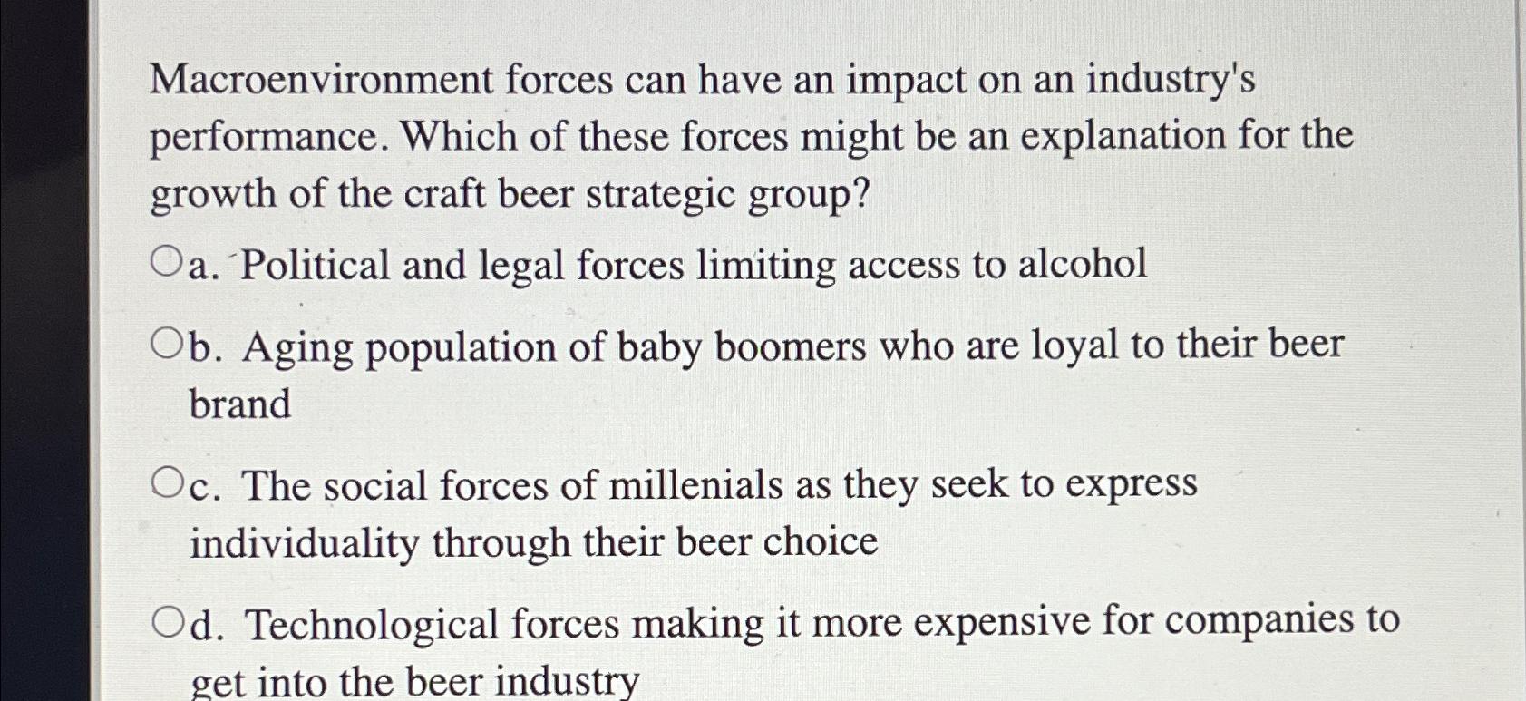  Macroenvironment forces can have an impact on an industry's performance. Which