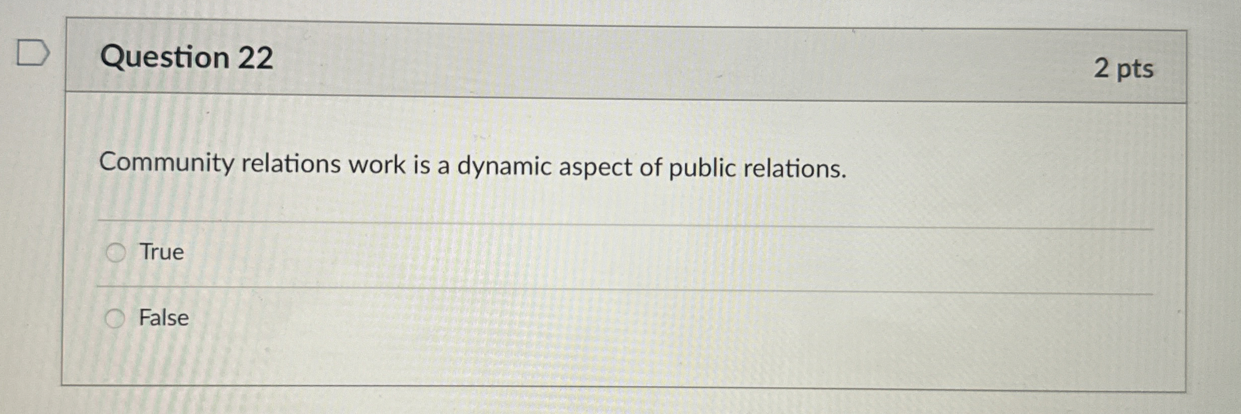  Question 22 2 pts Community relations work is a dynamic aspect