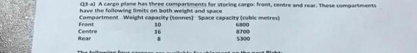  Q3-a) A cargo plane has three compartments for storing cargo: front,