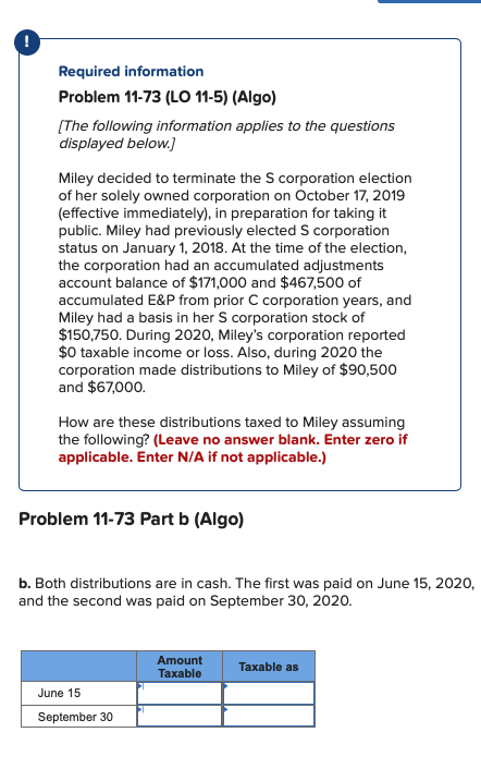 following information applies to the questions displayed below.] Miley decided to terminate