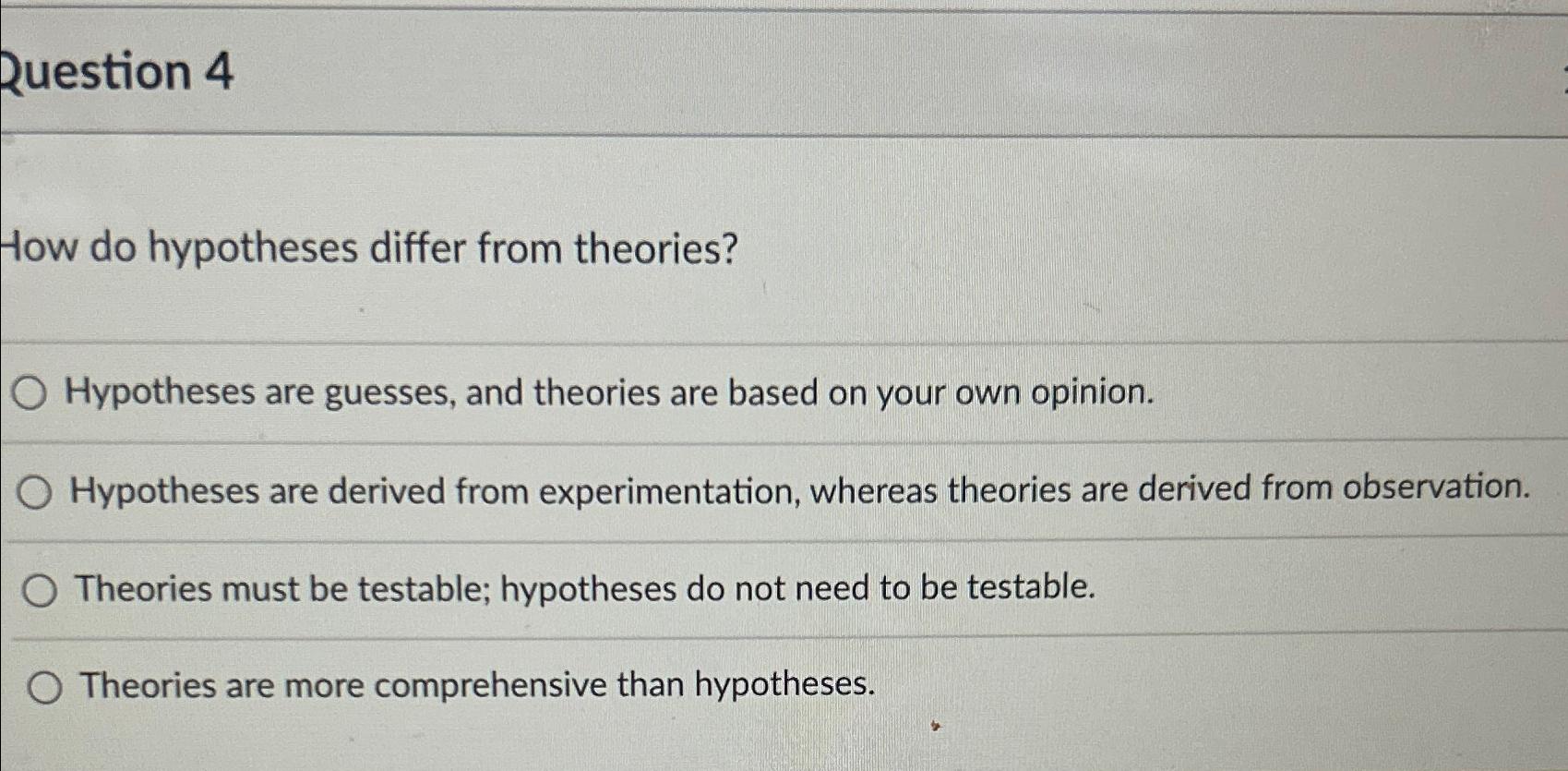  Question 4 How do hypotheses differ from theories? Hypotheses are guesses,