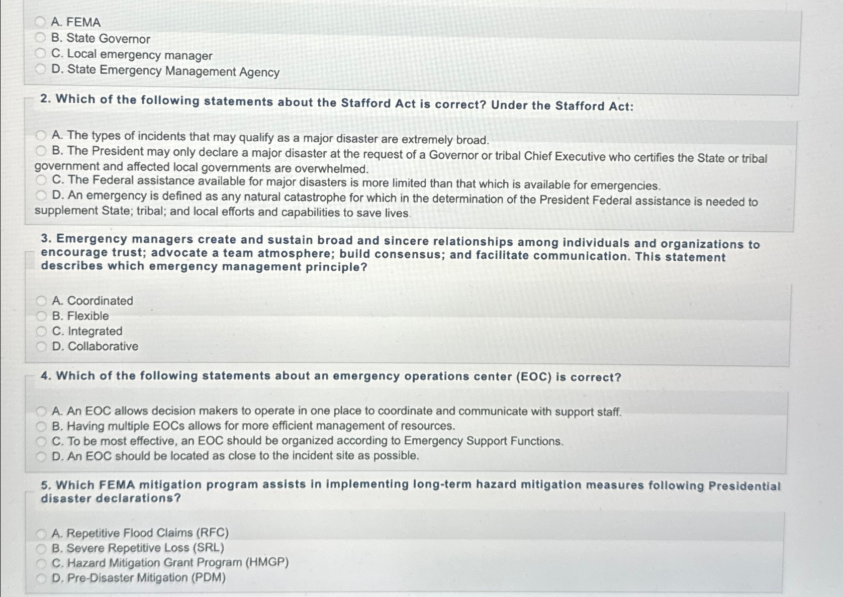  Final Exam for: IS-230.E: Fundamentals of Emergency Management Privacy_Act Statement(Public Law