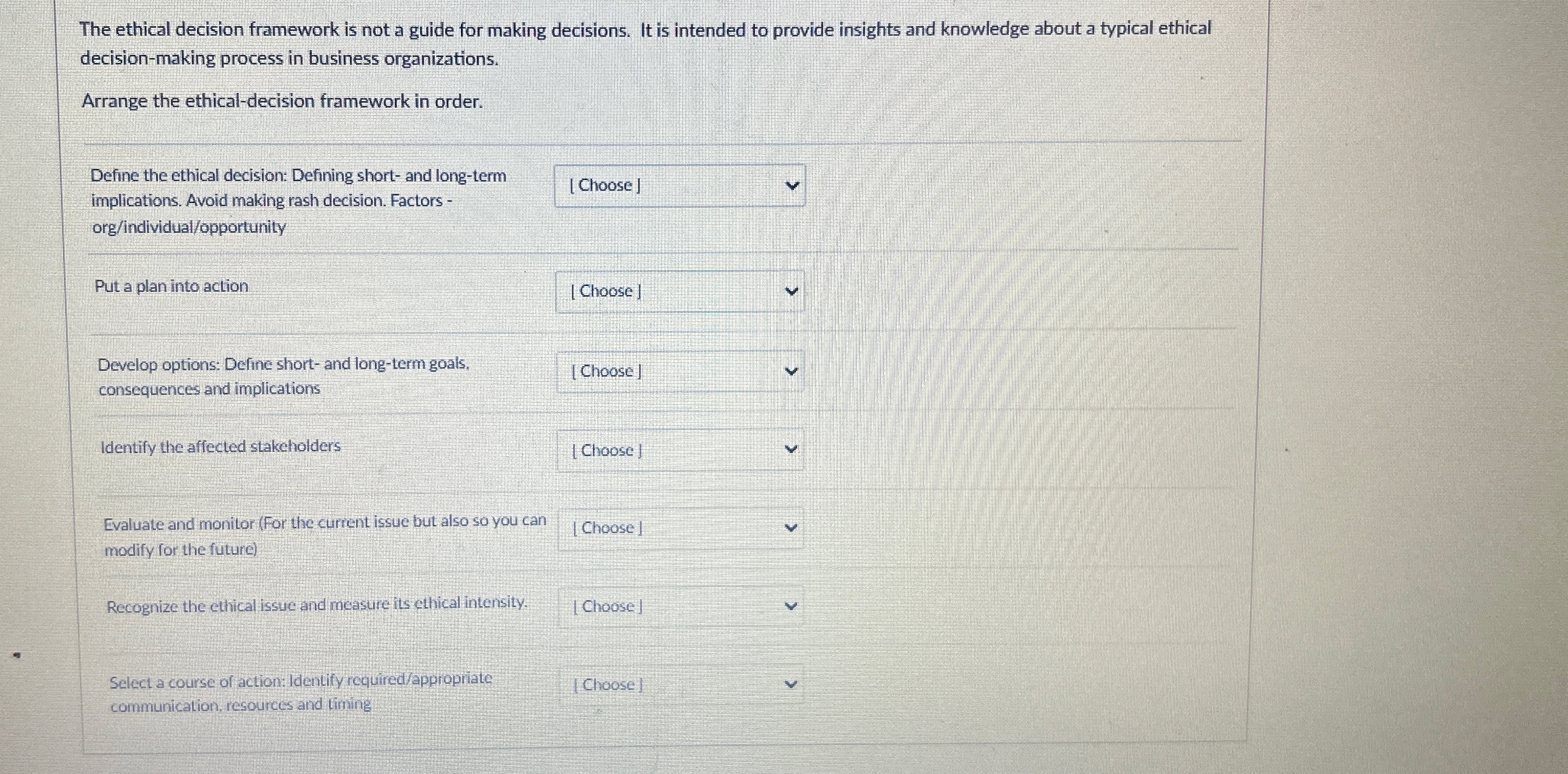  The ethical decision framework is not a guide for making decisions.