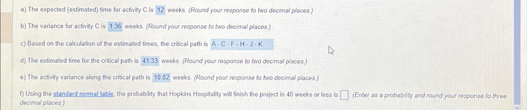  a) The expected (estimated) time for activity C is 12 weeks.