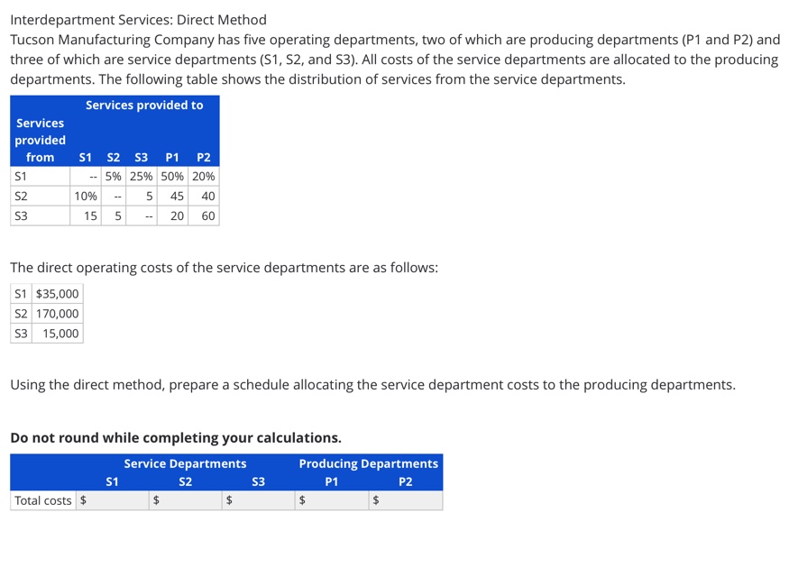 Interdepartment Services: Direct MethodTucson Manufacturing Company has five operating departments, two of