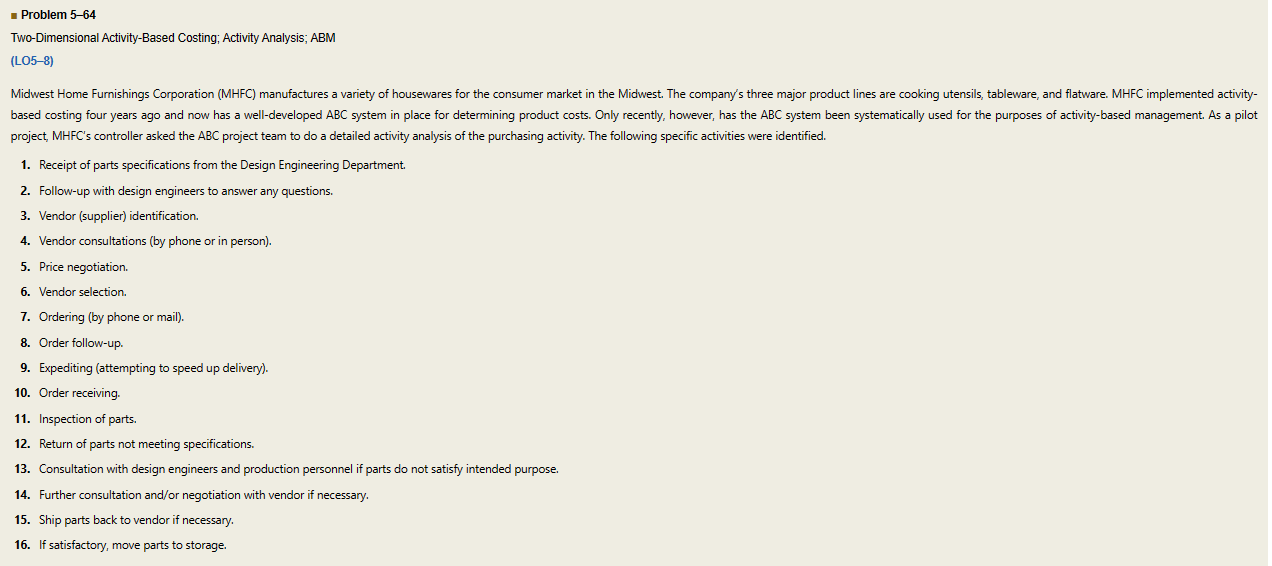  Problem 5-64 Two-Dimensional Activity-Based Costing; Activity Analysis; ABM (LO5-8) Midwest Home
