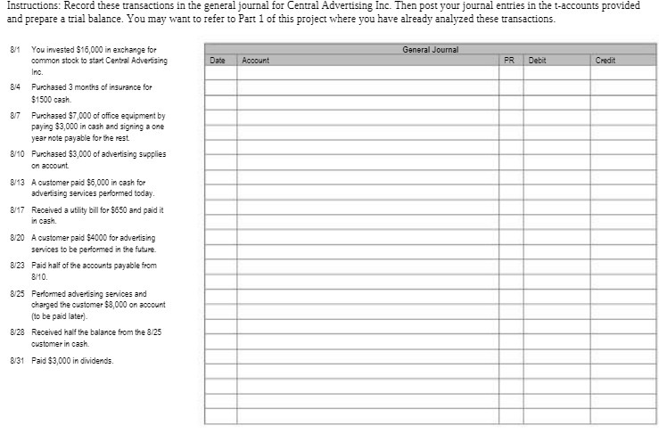 Instructions: Record these transactions in the general journal for Central Advertising