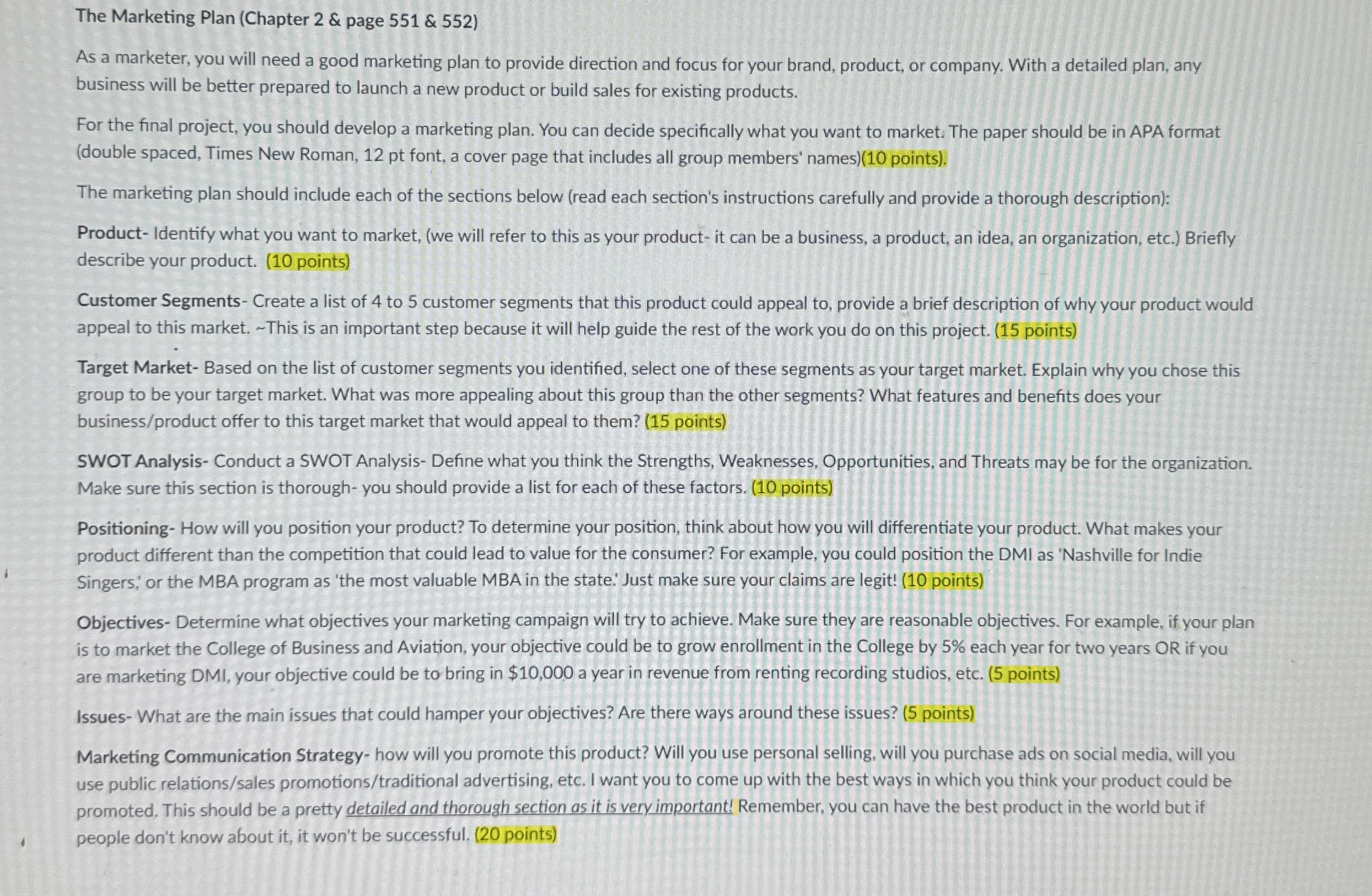  The Marketing Plan (Chapter 2 & page 551 & 552) As