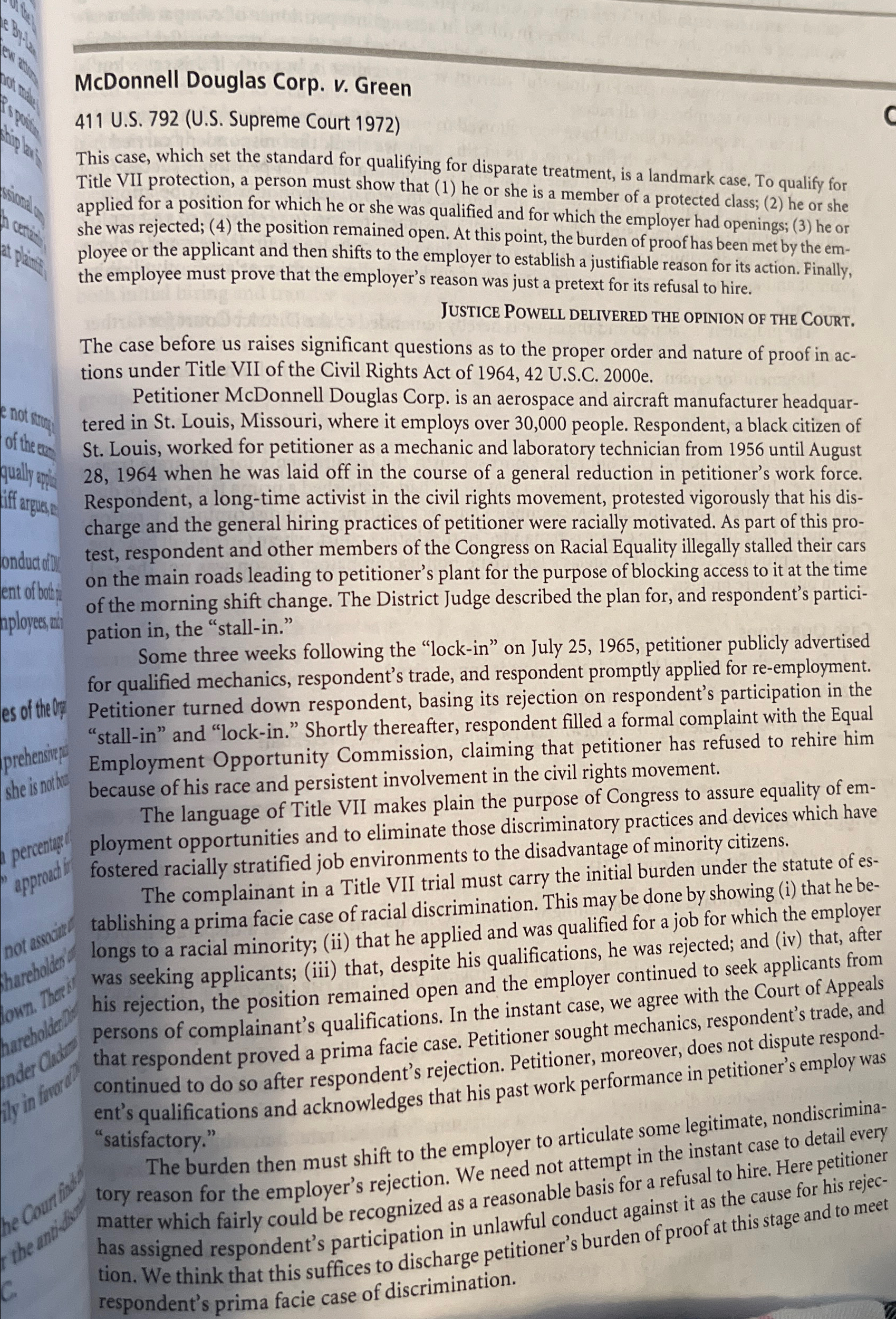  McDonnell Douglas Corp. v. Green 411 U.S.792(U.S. Supreme Court 1972) This