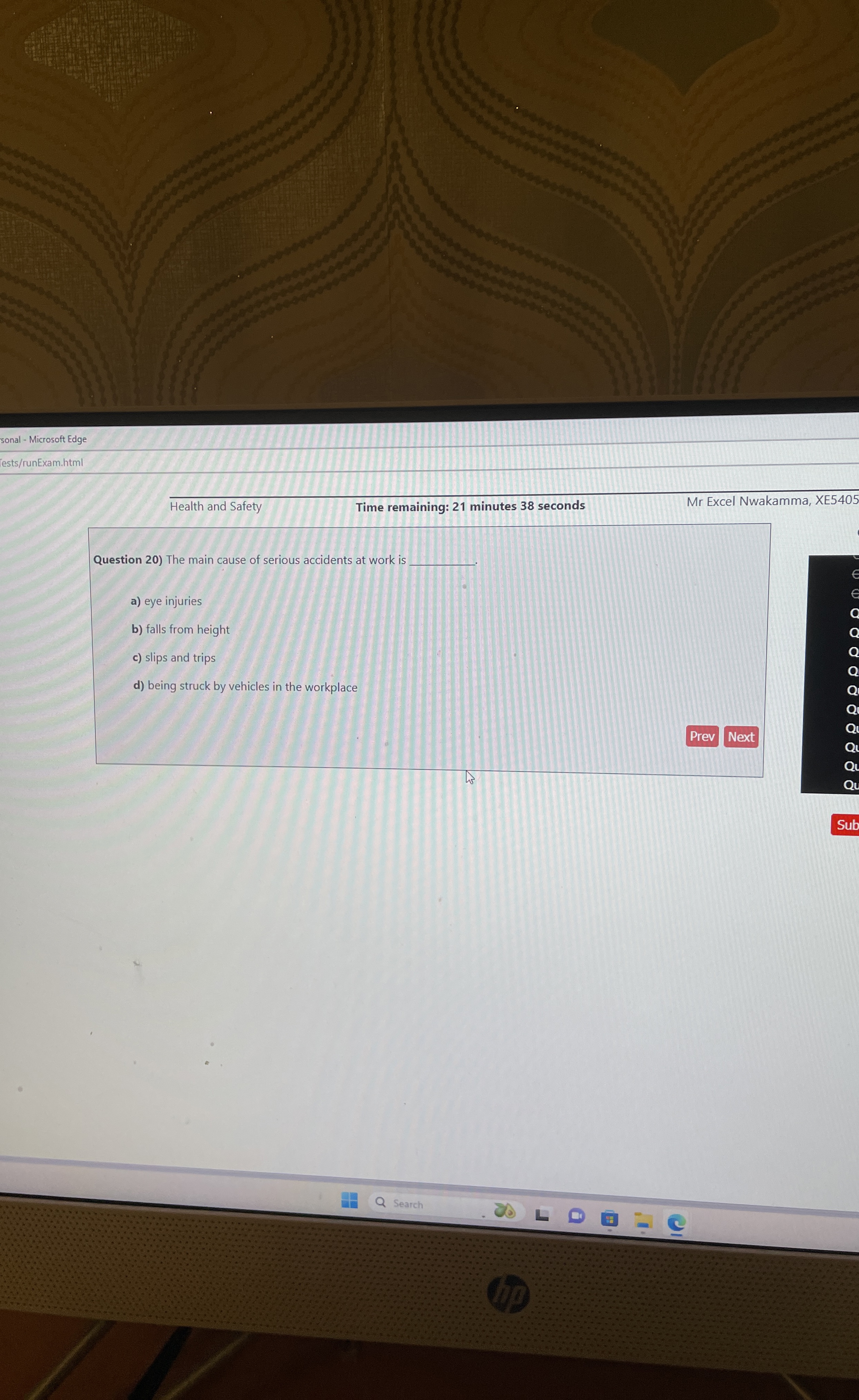  sonal - Microsoft Edge ests/runExam.html Health and Safety Time remaining: 21