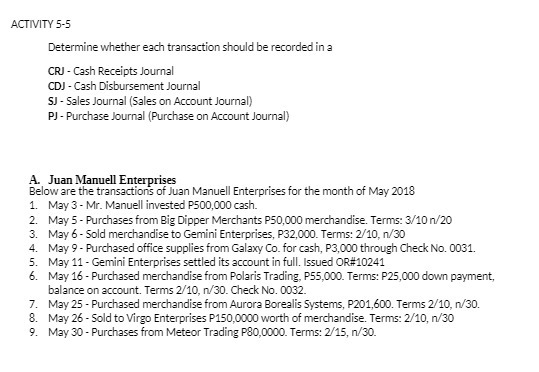  ACTIVITY 5-5 Determine whether each transaction should be recorded in a