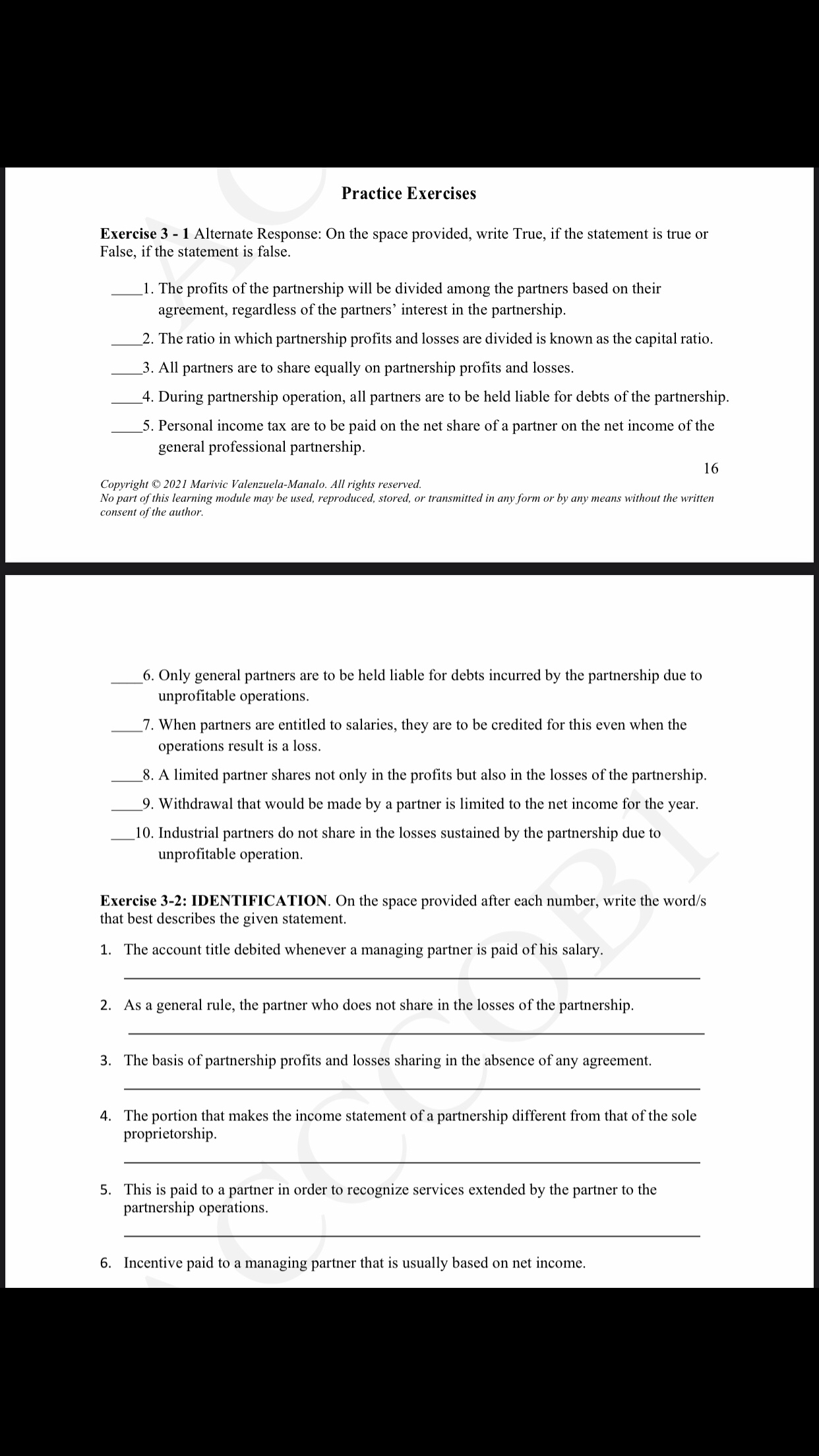  Practice Exercises Exercise 3 - 1 Alternate Response: On the space