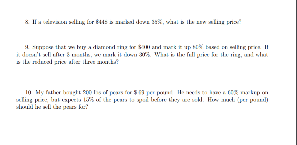 on cost 2. Draw the two " proportion pies\" for markup based